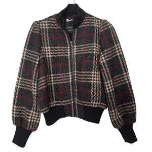 Express x Negin Mirsalehi Black and Red Plaid Wool Blend Small Bomber Jacket